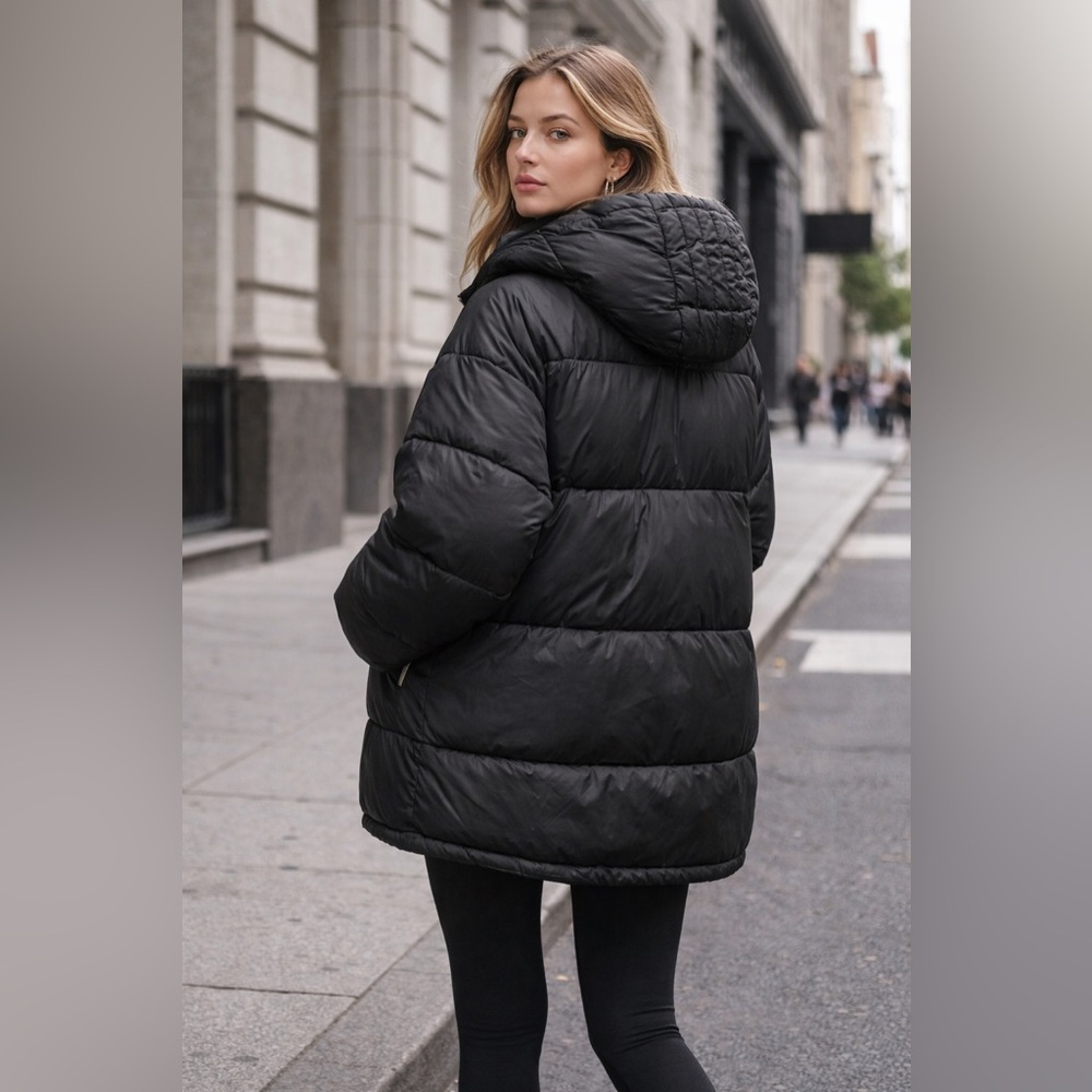 ZARA Trafaluc Women’s Black Puffer Jacket Large Hooded Quilted Mid Thigh Coat - Picture 6 of 10